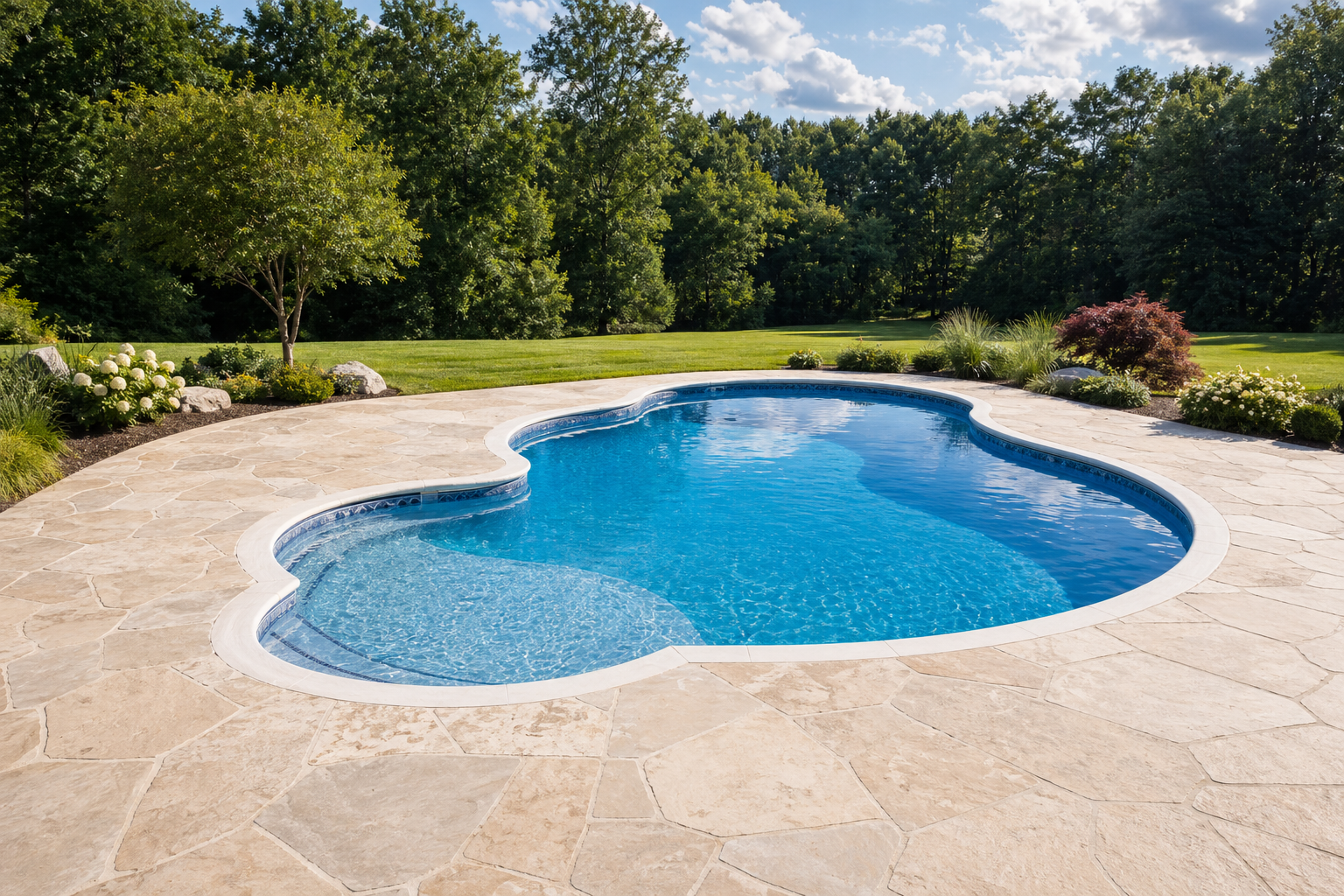 Custom poolscape with natural stone patio and landscaped lawn